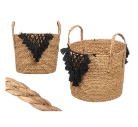 MACETERO MIMBRE MACRAME POMPON NEGRO GRANDE