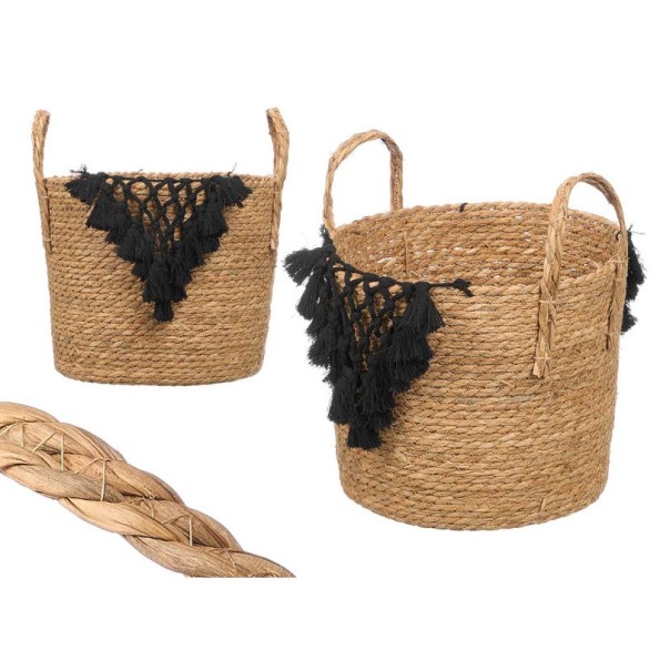 MACETERO MIMBRE MACRAME POMPON NEGRO GRANDE