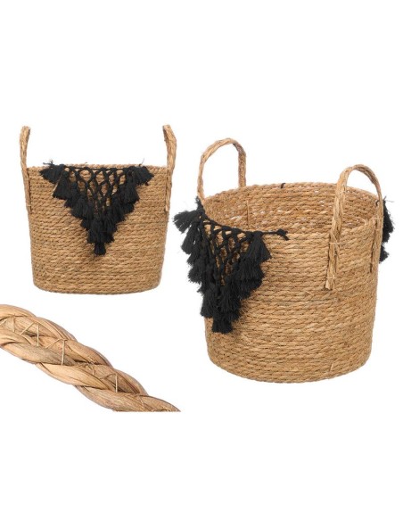 MACETERO MIMBRE MACRAME POMPON NEGRO GRANDE