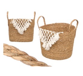 MACETERO MIMBRE MACRAME POMPON BLANCO GRANDE
