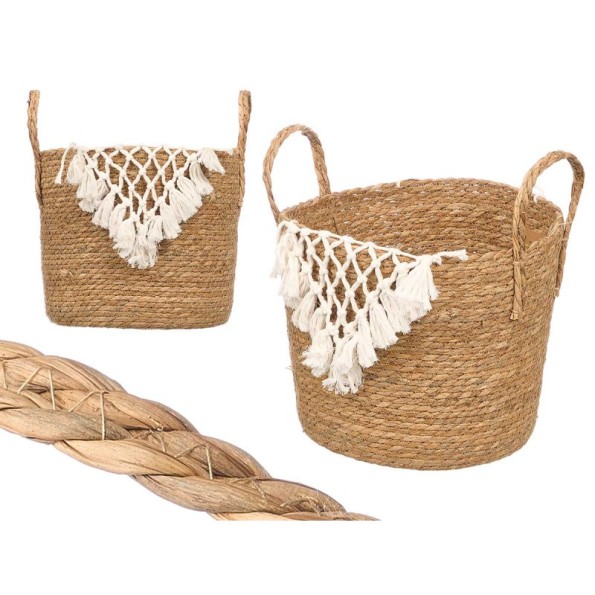 MACETERO MIMBRE MACRAME POMPON BLANCO GRANDE