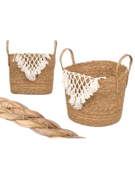 MACETERO MIMBRE MACRAME POMPON BLANCO GRANDE