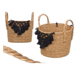 MACETERO MIMBRE MACRAME POMPON NEGRO PEQUEÑO
