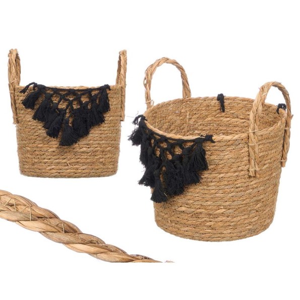 MACETERO MIMBRE MACRAME POMPON NEGRO PEQUEÑO