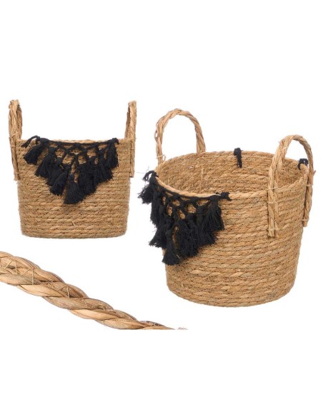 MACETERO MIMBRE MACRAME POMPON NEGRO PEQUEÑO