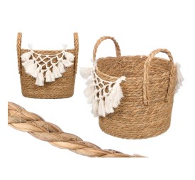 MACETERO MIMBRE MACRAME POMPON BLANCO PEQUEÑO