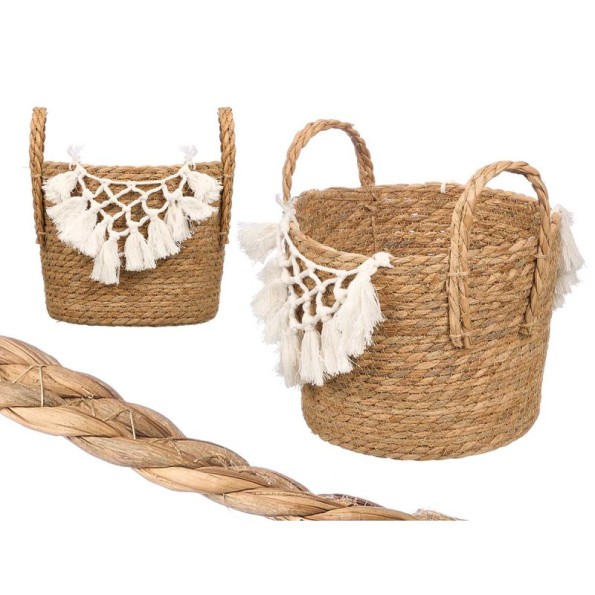 MACETERO MIMBRE MACRAME POMPON BLANCO PEQUEÑO