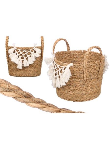 MACETERO MIMBRE MACRAME POMPON BLANCO PEQUEÑO
