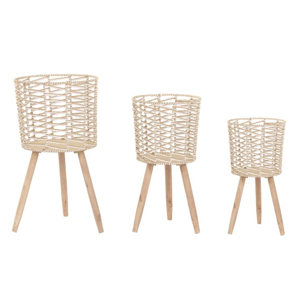 MACETERO SET 3 FIBRA TRENZADA MADERA 32X32X58 (69883)