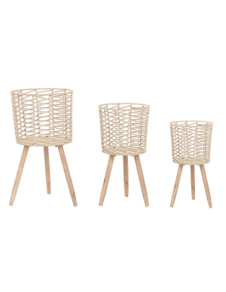 MACETERO SET 3 FIBRA TRENZADA MADERA 32X32X58 (69883)