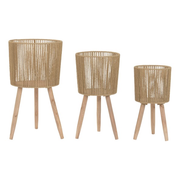 MACETERO SET 3 FIBRA TRENZADA MADERA 32X32X58