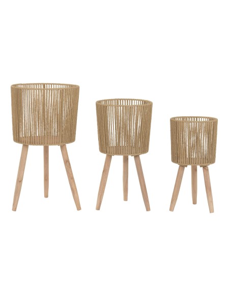 MACETERO SET 3 FIBRA TRENZADA MADERA 32X32X58