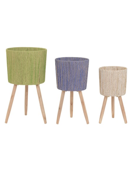 MACETERO SET 3 FIBRA TRENZADA MADERA COLORES 32X32X58