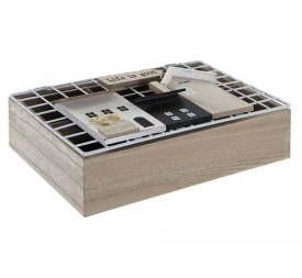 CAJA INFUSIONES MADERA METAL 26X17X8 CASAS NATURAL