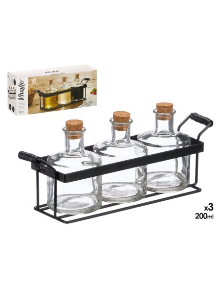 SET 3 FRASCAS TAPON CORCHO 200 ML SOPORTE METAL