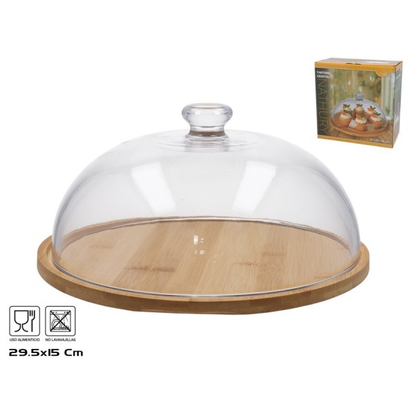 TARTERA CRISTAL C/BASE BAMBU 29,5X29,5X15CM  CM NATURHY