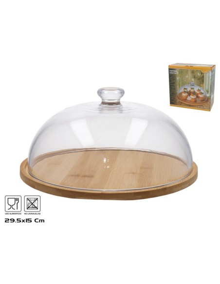 TARTERA CRISTAL C/BASE BAMBU 29,5X29,5X15CM  CM NATURHY