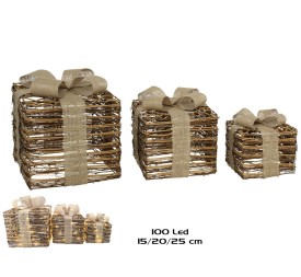 CAJA REGALO X3 100LED 15/20/25CM NATURAL RATTIN