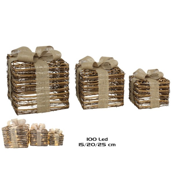 CAJA REGALO X3 100LED 15/20/25CM NATURAL RATTIN