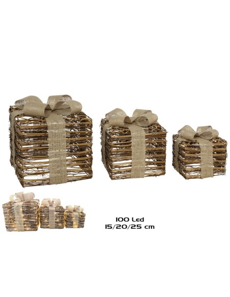 CAJA REGALO X3 100LED 15/20/25CM NATURAL RATTIN