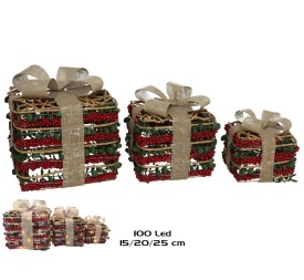 CAJA REGALO X3 100LED 15/20/25CM ROJO/VERDE RATTIN