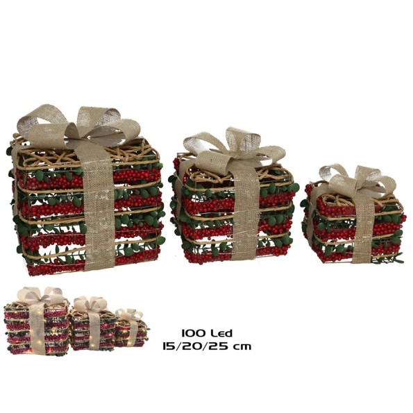 CAJA REGALO X3 100LED 15/20/25CM ROJO/VERDE RATTIN