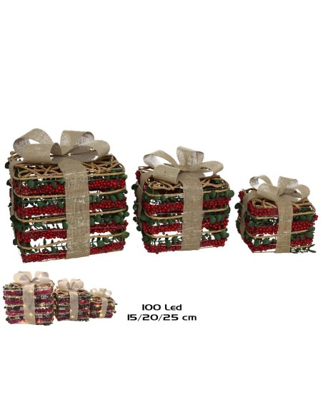 CAJA REGALO X3 100LED 15/20/25CM ROJO/VERDE RATTIN