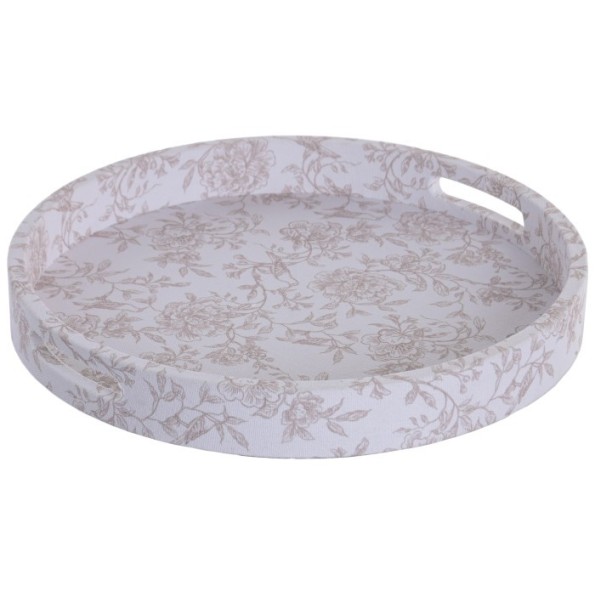 BANDEJA LINO MADERA 40X40X5 FLORAL TAPIZADO BLANCO