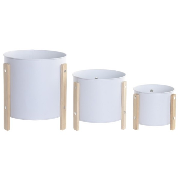 MACETERO SET 3 METAL MADERA 17X17X21 CREMA