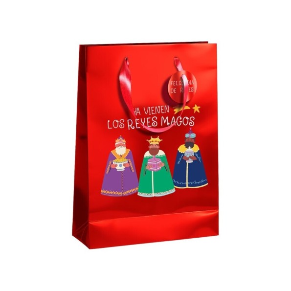 BOLSA METALIZADA PAPEL REYES MAGOS M CON TARJETA COLGANT 26x12x37 cm