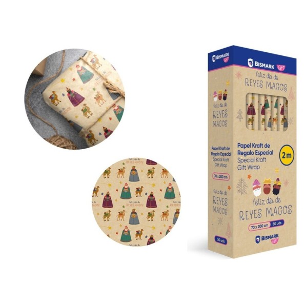 PAPEL DE REGALO KRAFT REYES MAGOS FRASE 70X200
