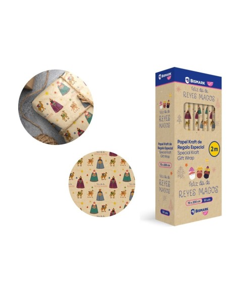 PAPEL DE REGALO KRAFT REYES MAGOS FRASE 70X200