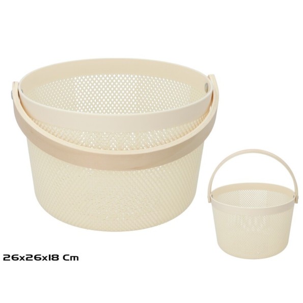 CESTA PLASTICO C/ASA MADERA 26X18CM BEIGE