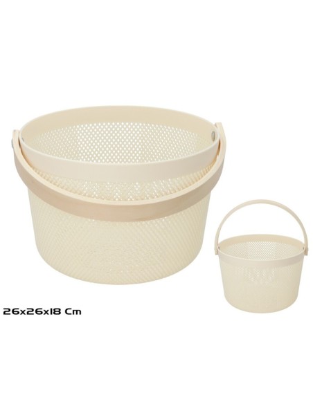 CESTA PLASTICO C/ASA MADERA 26X18CM BEIGE
