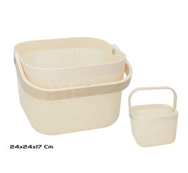 CESTA PLASTICO C/ASA MADERA 24X17CM BEIGE