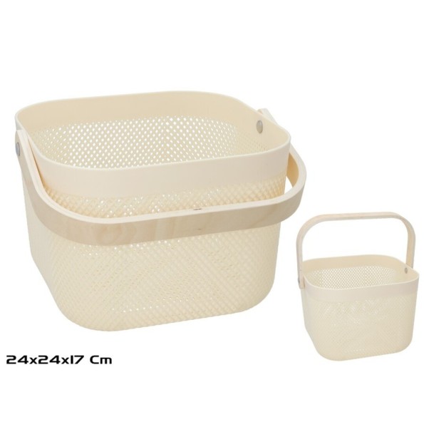 CESTA PLASTICO C/ASA MADERA 24X17CM BEIGE