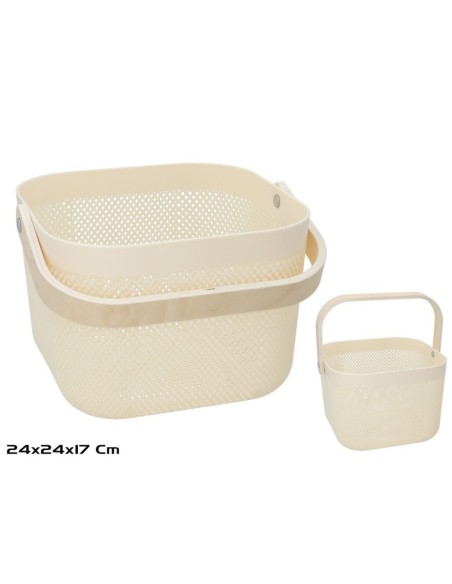 CESTA PLASTICO C/ASA MADERA 24X17CM BEIGE