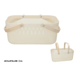 CESTA PLASTICO C/ASA MADERA 40X25X18CM BEIGE