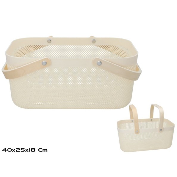 CESTA PLASTICO C/ASA MADERA 40X25X18CM BEIGE