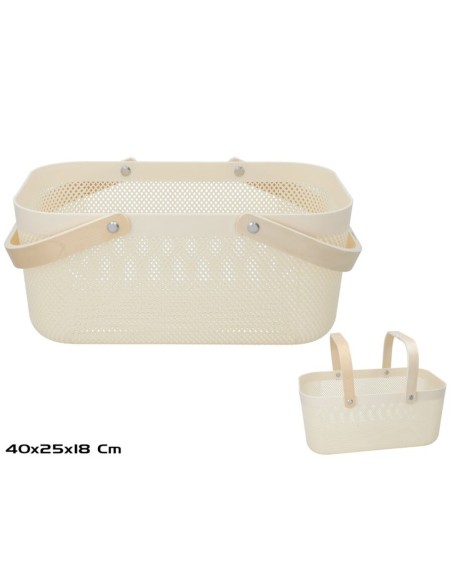 CESTA PLASTICO C/ASA MADERA 40X25X18CM BEIGE
