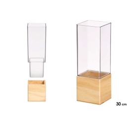 JARRON ACRILICO CUADRADO BASE MADERA 10X10X30CM