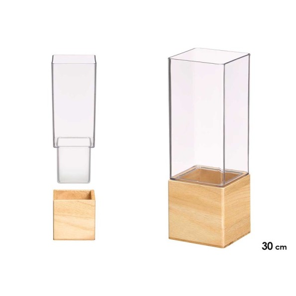 JARRON ACRILICO CUADRADO BASE MADERA 10X10X30CM