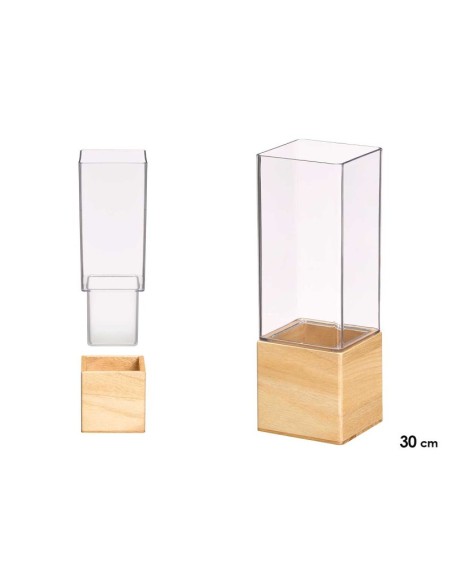 JARRON ACRILICO CUADRADO BASE MADERA 10X10X30CM