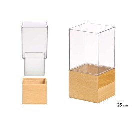 JARRON ACRILICO CUADRADO BASE MADERA 12X12X25CM