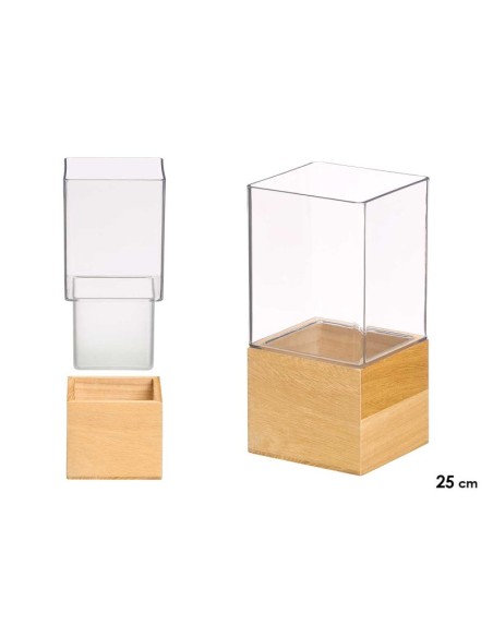 JARRON ACRILICO CUADRADO BASE MADERA 12X12X25CM