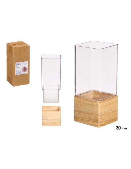 JARRON ACRILICO CUADRADO BASE MADERA 12X12X30CM