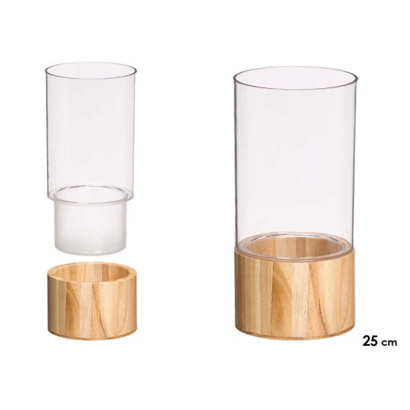 JARRON ACRILICO CILINDRICO BASE MADERA 12X12X25CM