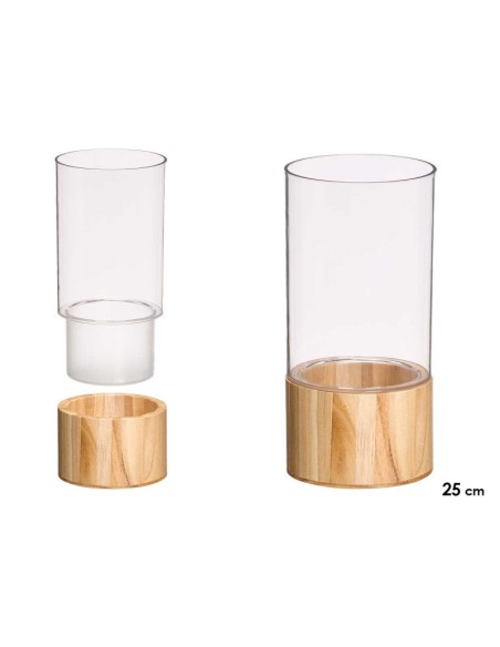JARRON ACRILICO CILINDRICO BASE MADERA 12X12X25CM