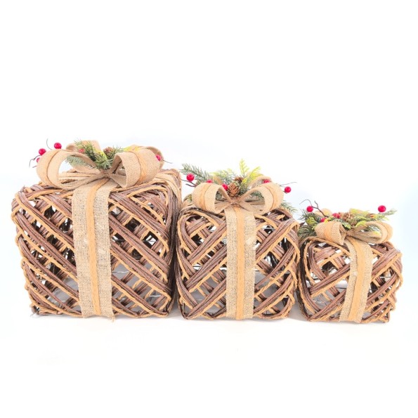 REGALO SET 3 LED RATAN 28X28X31 3xAA NATURAL