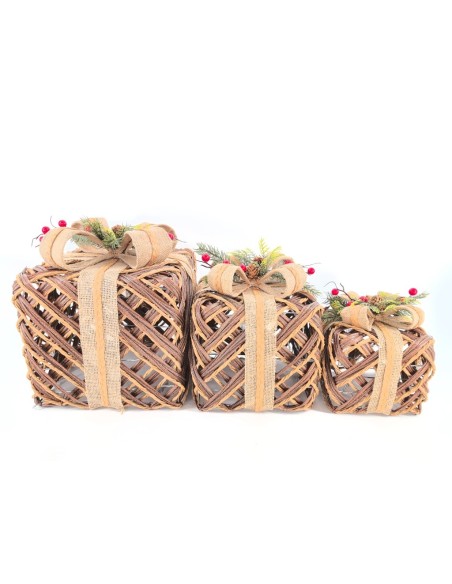 REGALO SET 3 LED RATAN 28X28X31 3xAA NATURAL